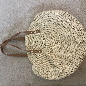 Cream and Brown Woven Tote Bag with Circular Design